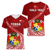 Tonga Rugby Women V Neck T Shirt Tongan Ngatu Pattern White Version LT01 - Polynesian Pride