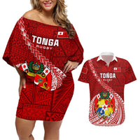 Custom Tonga Rugby Couples Matching Off Shoulder Short Dress and Hawaiian Shirt Tongan Ngatu Pattern White Version LT01 Red - Polynesian Pride