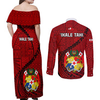 Tonga Rugby Couples Matching Off Shoulder Maxi Dress and Long Sleeve Button Shirts Tongan Ngatu Pattern Black Version LT01 - Polynesian Pride