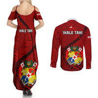 Tonga Rugby Couples Matching Summer Maxi Dress and Long Sleeve Button Shirts Tongan Ngatu Pattern Black Version LT01 - Polynesian Pride