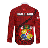 Tonga Rugby Long Sleeve Button Shirt Tongan Ngatu Pattern Black Version LT01 - Polynesian Pride