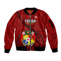 Tonga Rugby Sleeve Zip Bomber Jacket Tongan Ngatu Pattern Black Version LT01 Unisex Red - Polynesian Pride