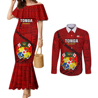 Custom Tonga Rugby Couples Matching Mermaid Dress and Long Sleeve Button Shirts Tongan Ngatu Pattern Black Version LT01 Red - Polynesian Pride