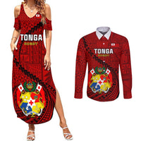 Custom Tonga Rugby Couples Matching Summer Maxi Dress and Long Sleeve Button Shirts Tongan Ngatu Pattern Black Version LT01 Red - Polynesian Pride