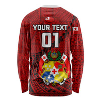 Custom Tonga Rugby Long Sleeve Shirt Tongan Ngatu Pattern Black Version LT01