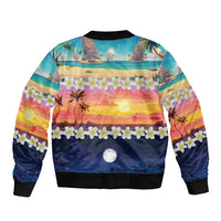 Hawaii Beach Landscape Time-Lapse Bomber Jacket Tropical Plumeria Flowers - Polynesian Pride