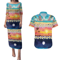 Hawaii Beach Landscape Time-Lapse Couples Matching Puletasi and Hawaiian Shirt Tropical Plumeria Flowers - Polynesian Pride