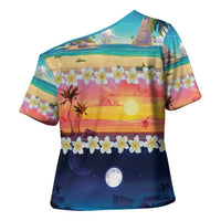 Hawaii Beach Landscape Time-Lapse Cross Shoulder Shirt Tropical Plumeria Flowers - Polynesian Pride