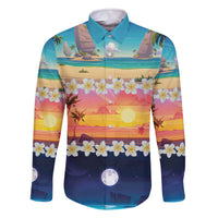 Hawaii Beach Landscape Time-Lapse Family Matching Off The Shoulder Long Sleeve Dress and Hawaiian Shirt Tropical Plumeria Flowers - Polynesian Pride