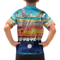 Hawaii Beach Landscape Time-Lapse Family Matching Off Shoulder Short Dress and Hawaiian Shirt Tropical Plumeria Flowers - Polynesian Pride