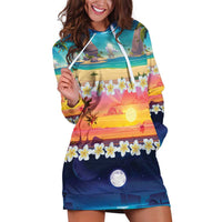 Hawaii Beach Landscape Time-Lapse Hoodie Dress Tropical Plumeria Flowers - Polynesian Pride