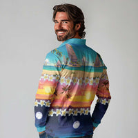 Hawaii Beach Landscape Time-Lapse Long Sleeve Polo Shirt Tropical Plumeria Flowers - Polynesian Pride
