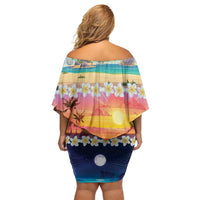 Hawaii Beach Landscape Time-Lapse Off Shoulder Short Dress Tropical Plumeria Flowers - Polynesian Pride