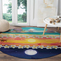 Hawaii Beach Landscape Time-Lapse Round Carpet Tropical Plumeria Flowers - Polynesian Pride