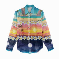 Hawaii Beach Landscape Time-Lapse Women Casual Shirt Tropical Plumeria Flowers - Polynesian Pride