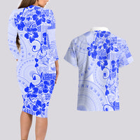 Fiji Masi With Hibiscus Tapa Tribal Couples Matching Long Sleeve Bodycon Dress and Hawaiian Shirt Blue Pastel LT01 - Polynesian Pride