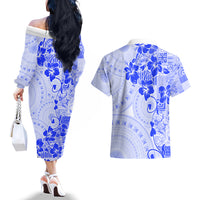 Fiji Masi With Hibiscus Tapa Tribal Couples Matching Off The Shoulder Long Sleeve Dress and Hawaiian Shirt Blue Pastel LT01 - Polynesian Pride