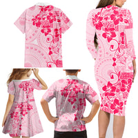 Fiji Masi With Hibiscus Tapa Tribal Family Matching Long Sleeve Bodycon Dress and Hawaiian Shirt Pink Pastel LT01 - Polynesian Pride