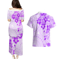 Fiji Masi With Hibiscus Tapa Tribal Couples Matching Puletasi Dress and Hawaiian Shirt Purple Pastel LT01 - Polynesian Pride