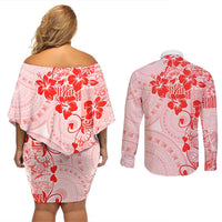 Fiji Masi With Hibiscus Tapa Tribal Couples Matching Off Shoulder Short Dress and Long Sleeve Button Shirt Red Pastel LT01 - Polynesian Pride