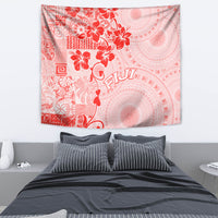 Fiji Masi With Hibiscus Tapa Tribal Tapestry Red Pastel LT01 - Polynesian Pride