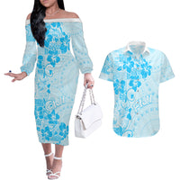 Fiji Masi With Hibiscus Tapa Tribal Couples Matching Off The Shoulder Long Sleeve Dress and Hawaiian Shirt Sky Blue Pastel LT01 Blue - Polynesian Pride