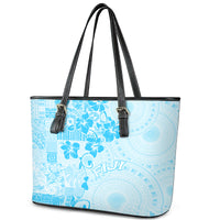 Fiji Masi With Hibiscus Tapa Tribal Leather Tote Bag Sky Blue Pastel LT01 - Polynesian Pride