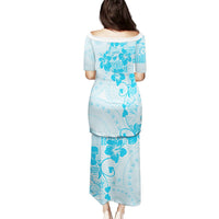 Fiji Masi With Hibiscus Tapa Tribal Puletasi Sky Blue Pastel LT01 - Polynesian Pride