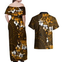 Fiji Masi With Hibiscus Tapa Tribal Couples Matching Off Shoulder Maxi Dress and Hawaiian Shirt Gold Version LT01 - Polynesian Pride
