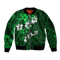 Fiji Masi Sleeve Zip Bomber Jacket Fijian Hibiscus Tapa Green Version LT01 Unisex Green - Polynesian Pride