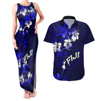 Fiji Masi Couples Matching Tank Maxi Dress and Hawaiian Shirt Fijian Hibiscus Navy Blue Gold Version LT01 Blue - Polynesian Pride