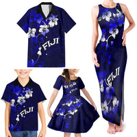 Fiji Masi Family Matching Tank Maxi Dress and Hawaiian Shirt Fijian Hibiscus Navy Blue Gold Version LT01 - Polynesian Pride
