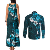 Fiji Masi Couples Matching Tank Maxi Dress and Long Sleeve Button Shirt Fijian Hibiscus Tapa Sky Blue Version LT01 - Polynesian Pride