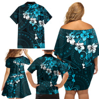 Fiji Masi Family Matching Off Shoulder Short Dress and Hawaiian Shirt Fijian Hibiscus Tapa Sky Blue Version LT01 - Polynesian Pride