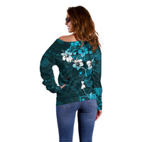 Fiji Masi Off Shoulder Sweater Fijian Hibiscus Tapa Sky Blue Version LT01 - Polynesian Pride