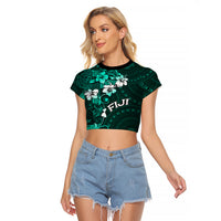 Fiji Masi Raglan Cropped T Shirt Fijian Hibiscus Tapa Turquoise Version LT01 Female Turquoise - Polynesian Pride