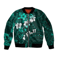 Fiji Masi Sleeve Zip Bomber Jacket Fijian Hibiscus Tapa Turquoise Version LT01 Unisex Turquoise - Polynesian Pride