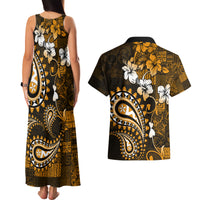 Fiji Masi Paisley With Hibiscus Tapa Couples Matching Tank Maxi Dress and Hawaiian Shirt Gold Version LT01 - Polynesian Pride