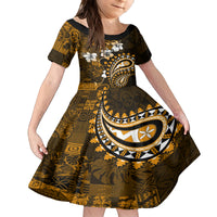Fiji Masi Paisley With Hibiscus Tapa Family Matching Off Shoulder Long Sleeve Dress and Hawaiian Shirt Gold Version LT01 Daughter's Dress Gold - Polynesian Pride