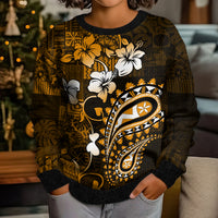 Fiji Masi Paisley With Hibiscus Tapa Kid Ugly Christmas Sweater Gold Version LT01 - Polynesian Pride