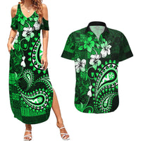 Fiji Masi Paisley With Hibiscus Tapa Couples Matching Summer Maxi Dress and Hawaiian Shirt Green Version LT01 Green - Polynesian Pride