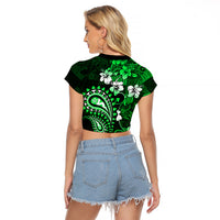 Fiji Masi Paisley With Hibiscus Tapa Raglan Cropped T Shirt Green Version LT01 - Polynesian Pride