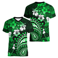 Fiji Masi Paisley With Hibiscus Tapa Women V Neck T Shirt Green Version LT01 - Polynesian Pride