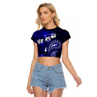 Fiji Masi Paisley With Hibiscus Tapa Raglan Cropped T Shirt Navy Blue Version LT01 Female Blue - Polynesian Pride