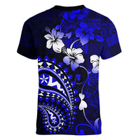 Fiji Masi Paisley With Hibiscus Tapa Women V Neck T Shirt Navy Blue Version LT01 - Polynesian Pride