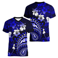 Fiji Masi Paisley With Hibiscus Tapa Women V Neck T Shirt Navy Blue Version LT01 - Polynesian Pride