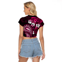 Fiji Masi Paisley With Hibiscus Tapa Raglan Cropped T Shirt Pink Version LT01 - Polynesian Pride