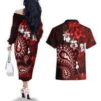 Fiji Masi Paisley Couples Matching Off The Shoulder Long Sleeve Dress and Hawaiian Shirt Fijian Hibiscus Tapa Red Version LT01 - Polynesian Pride