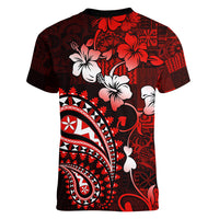 Fiji Masi Paisley Women V Neck T Shirt Fijian Hibiscus Tapa Red Version LT01 - Polynesian Pride