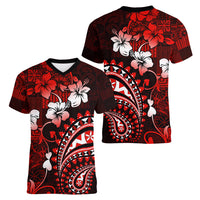 Fiji Masi Paisley Women V Neck T Shirt Fijian Hibiscus Tapa Red Version LT01 - Polynesian Pride